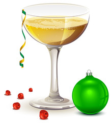 Full glass of champagne. New year symbols