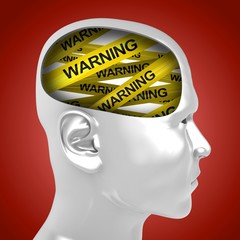 3d illustration of warning tape inside man head over red background