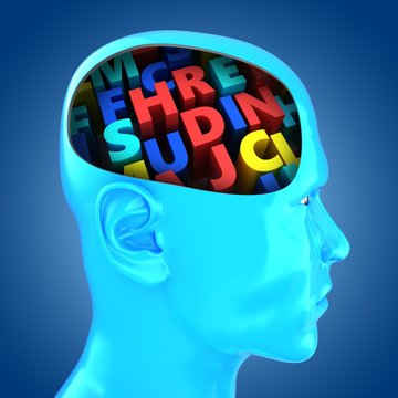 3d Illustration Of Colorful Letters Inside Head Over Blue Background