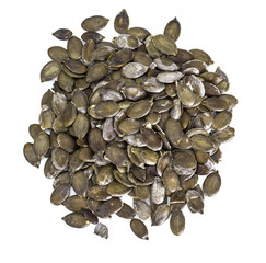 Peeled pumpkin seeds on a white background