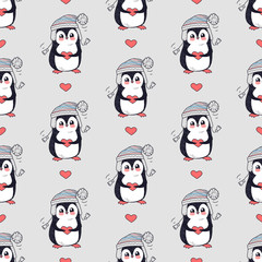 Funny Penguins Seamless Pattern Vector in Flat Design