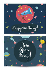 Happy birthday cartoon greeting card on space theme. Telescope, cute alien girl, falling stars, comets, planet vector illustration on blue background. Bright invitation on childrens costumed party