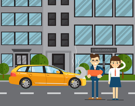 Car troubles concept with people couple standing near broken car on road vector illustration. Concept for automobile repair service. Roadside assistance. Car repair. Urban cityscape background.