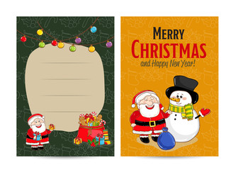 Winter holidays greeting card. Cheerful Santa Claus and snowman characters, large sack full of gifts, sweets, sock, holly, cartoon vector. Merry Christmas and Happy New Year concept. Xmas celebrating