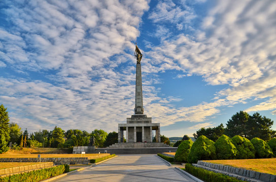 Slavin - memorial monument and cemetery for Soviet Army soldiers in Bratislava, Slovakia. With beautiful summer sunset light
