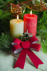 New Year and Christmas background with candles decorated Christmas tree