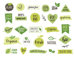 Bio, Ecology, Organic logos and icons, labels, tags. Hand drawn bio healthy food badges, set of raw, vegan, healthy food signs, organic and elements set - obrazy, fototapety, plakaty