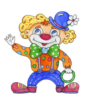 The variegated funny clown. Watercolor hand drawn illustration