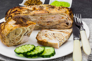 Stuffed chicken with omelette, meat and mushrooms