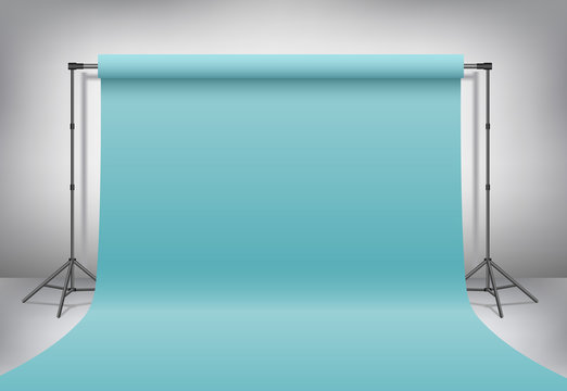 Empty photo studio. Realistic 3D template mock up. Backdrop stand (tripods) with pastel turquoise, blue paper backdrop. Gray background. 