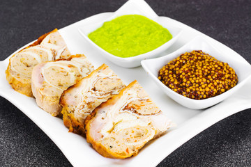 Stuffed chicken with omelette, meat and mushrooms