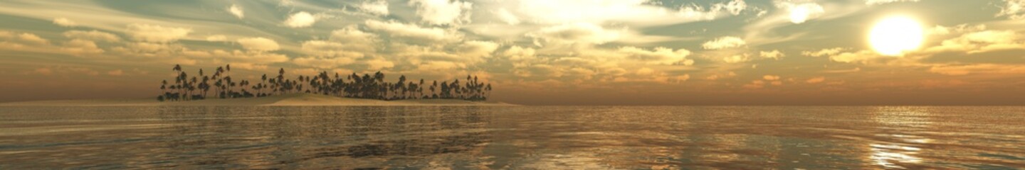 Obraz na płótnie Canvas Panorama Sunset over a tropical island. Sunrise in the ocean. banner. 