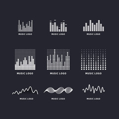 Set colorful ui ux music equalizer sound waves. Audio electronic bar. Music waves logo. Dj vector illustration. Black and white light audio signal.