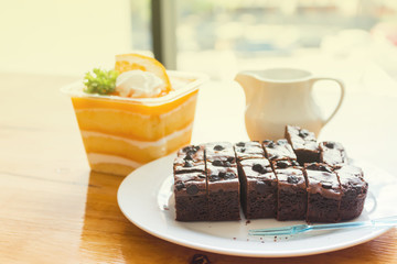 Cake chocolate brownies on wooden background
