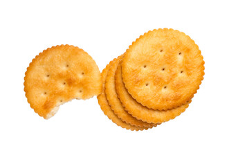 Dry cracker cookies isolated on white background cutout, top view, concept of food