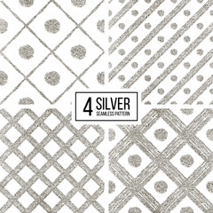 Fototapeta premium Set of silver seamless pattern of diagonal stripes and circle, seamless background of silvern glitter cage and lines, hand drawn vector pattern for invitation, card, wedding, paper, web