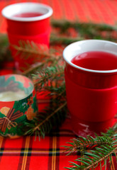 Winter, New Year, Christmas background.Hot  drinks on a celebratory table