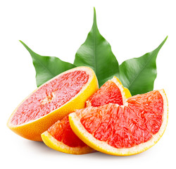 Sliced grapefruit with green leaves