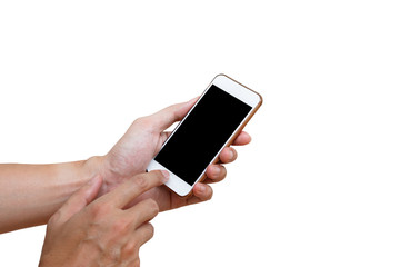 Human hand holding white phone on black screen isolated with cli