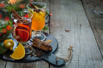 Mulled wine and apple cider in glass cups