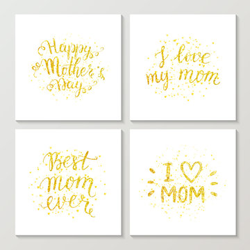Happy Mothers Day gold lettering with gold spray, Mothers day card with golden letter on white background, hand painted text, vector illustration for greeting card, poster, banner, flyer