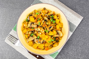 Baked Pumpkin with Mushrooms and Vegetables. Vegetarian Food