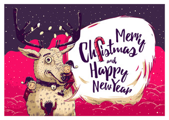 Hipster Christmas card or invitation flyer with Deer and elves