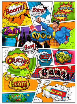 Comic book page divided by lines with speech bubbles, rocket, superhero and sounds effect. Retro background mock-up. Comics template.  Illustration