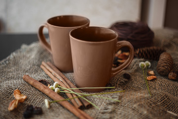 Autumn composition: 2 cups, cinnamon, pinecones on the canvas cl