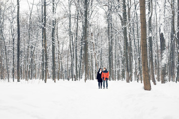 A loving couple walking in winter park. Snowing, winter.