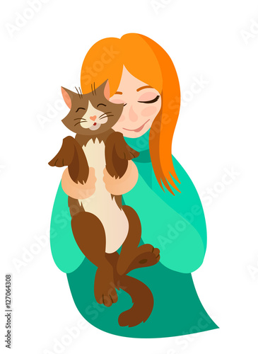 "Vector cartoon happy girl with cute cat in girl's arms" Stock image