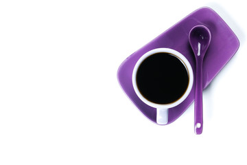 Purple coffee cup with saucer and spoon isolated on white background