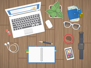 Workplace in office. Work in a team, Work activity. Office work equipment on a wooden table. Laptop, notepad, pen, smart watches, phone, wallet, flash drive, headphones, coffee. Top view. Vector