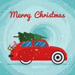 Retro red car with Christmas tree on the roof. Vector Christmas