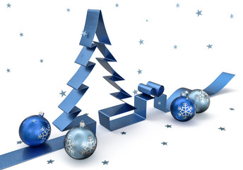3d Schleife Weihnachtsbaum mit Kugeln, Geschenk und Schneeflocken