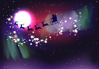 Naklejka premium Flying Santa over Aurora Borealis