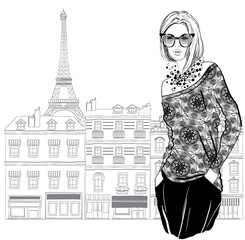 Fashion woman model with a sunglasses on Paris city background