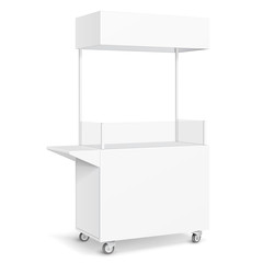 White POS POI Blank Empty Retail Stand Stall Mobile Bar Display With Roof, Canopy, Banner. Fast Food. On White Background Isolated. Mock Up Template Ready For Your Design. Product Packing Vector EPS10