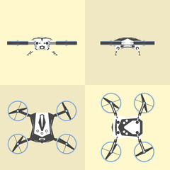 Different views of drone on isolated background. Top, bottom, front and side view.