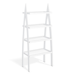 White Retail Shelves Floor Display Rack For Supermarket Blank Empty Displays With Banner Products Mock Up. 3D On White Background Isolated. Ready For Your Design. Product Packing. Vector EPS10