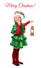 Girl Christmas elf with oil lamp over white