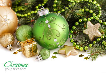 Green and golden Christmas ornaments border