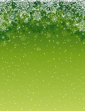 Green christmas background with snowflakes and stars, vector