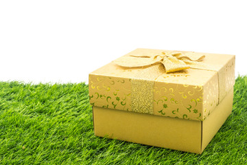 The Gift box on the green grass ground.