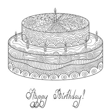 Cake with doodle for adult coloring book isolated on white background. Under the cake is hand-drawn greeting inscriptions: Happy Birthday!