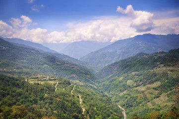 View of mountain and road in North Sikkim, India