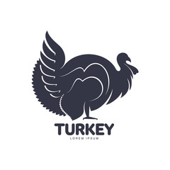 Fototapeta na wymiar Stylized turkey silhouette graphic logo template, vector illustration on white background. Black and white decorated, sophisticated turkey for business, farm, poultry logo design