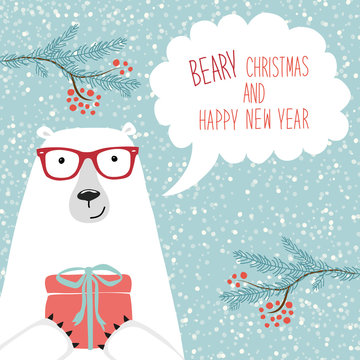Cute hand drawn winter holidays card with polar bear and hand written text Beary Christmas and happy New Year on snowy background