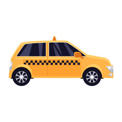 Fototapeta na wymiar Traditional yellow taxi with checker pattern, cartoon vector illustration isolated on white background. Yellow taxi, urban transportation, New York city symbol