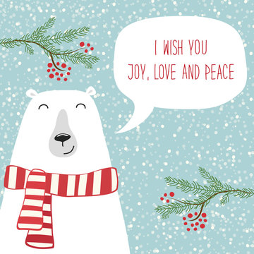 Cute hand drawn winter holidays card with polar bear and hand written text I wish you joy, love and peace on snowy background